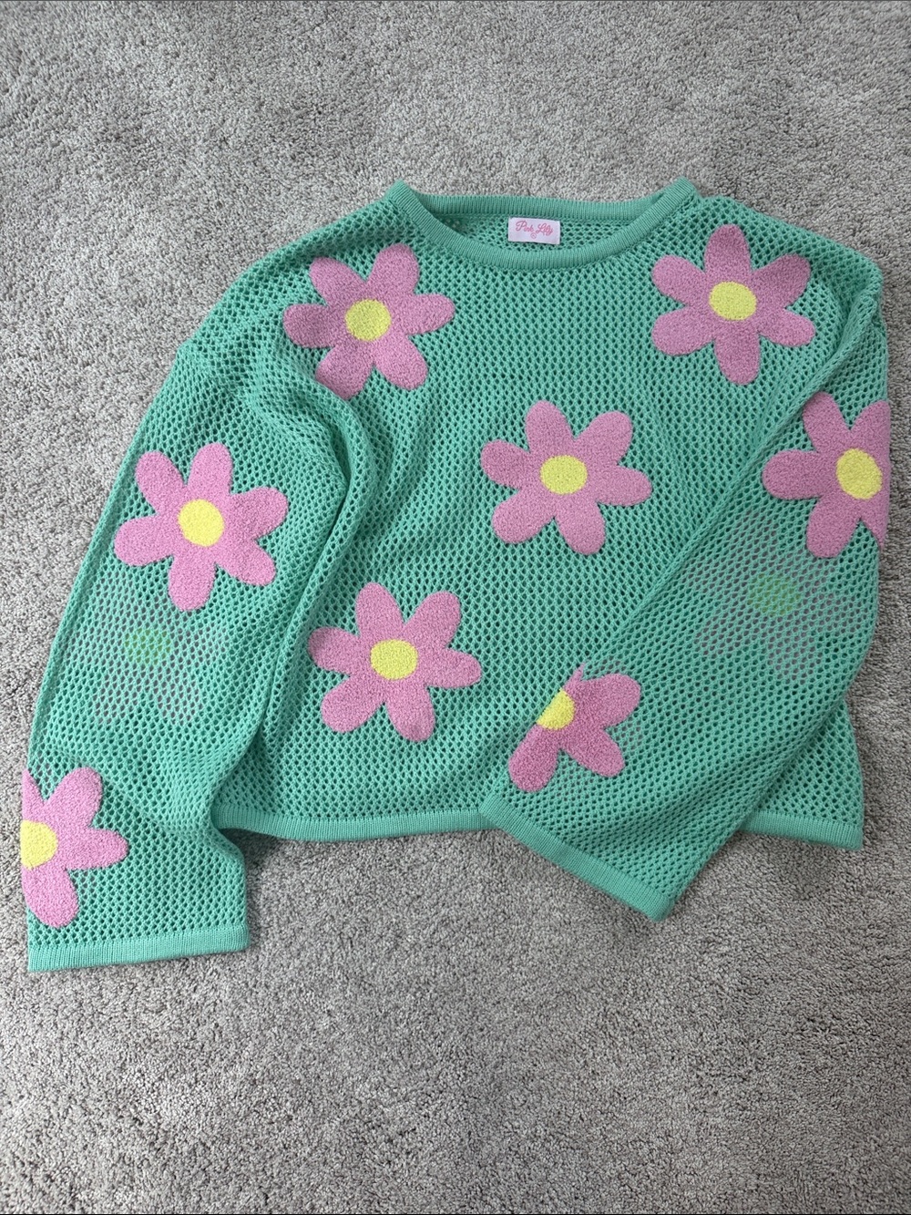 Pink Lily Mint Green Mesh Sweater with Pink & Yellow Daisy Appliqués